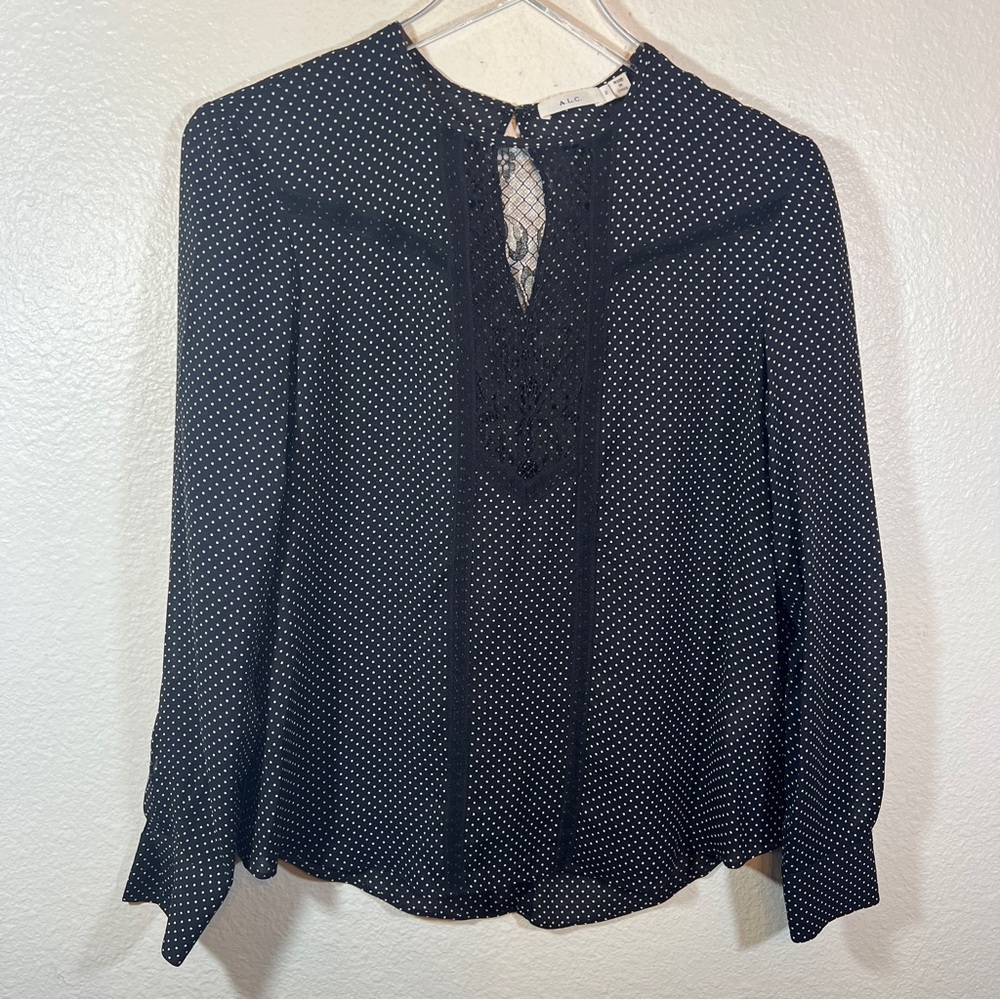 A.L.C. polka dot lace insert 100% silk black and white long sleeve blouse
